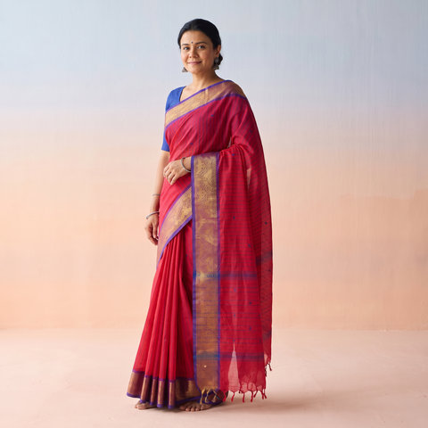 Red Stripes Buti Cotton Zari Border Kanchipuram Saree, draped and worn by a woman, AI visual of the saree, iTokri
