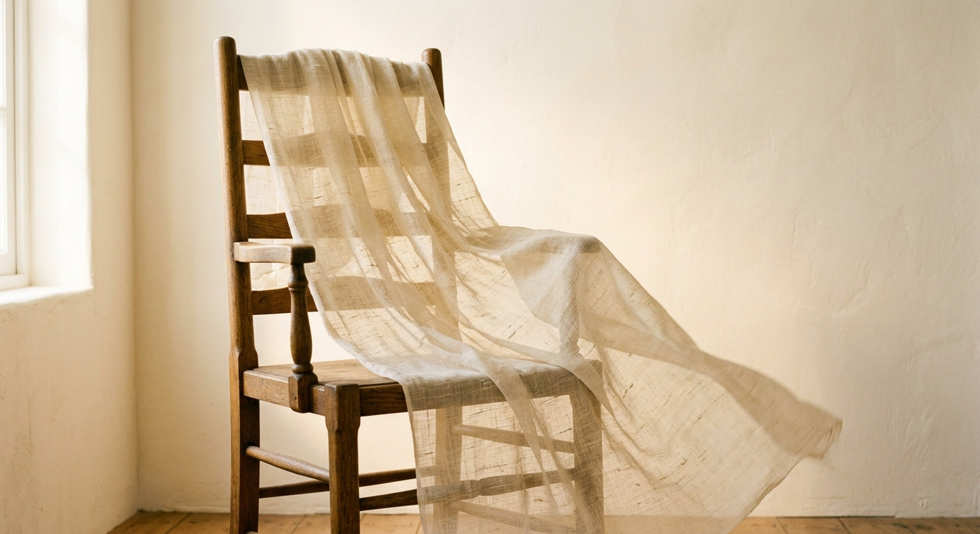 Sheer handwoven summer fabric draped on a wooden chair, light passing through