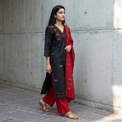Black - Bhagalpuri Handloom Tussar Silk Suit Set 04, lifestyle full length, AI visual