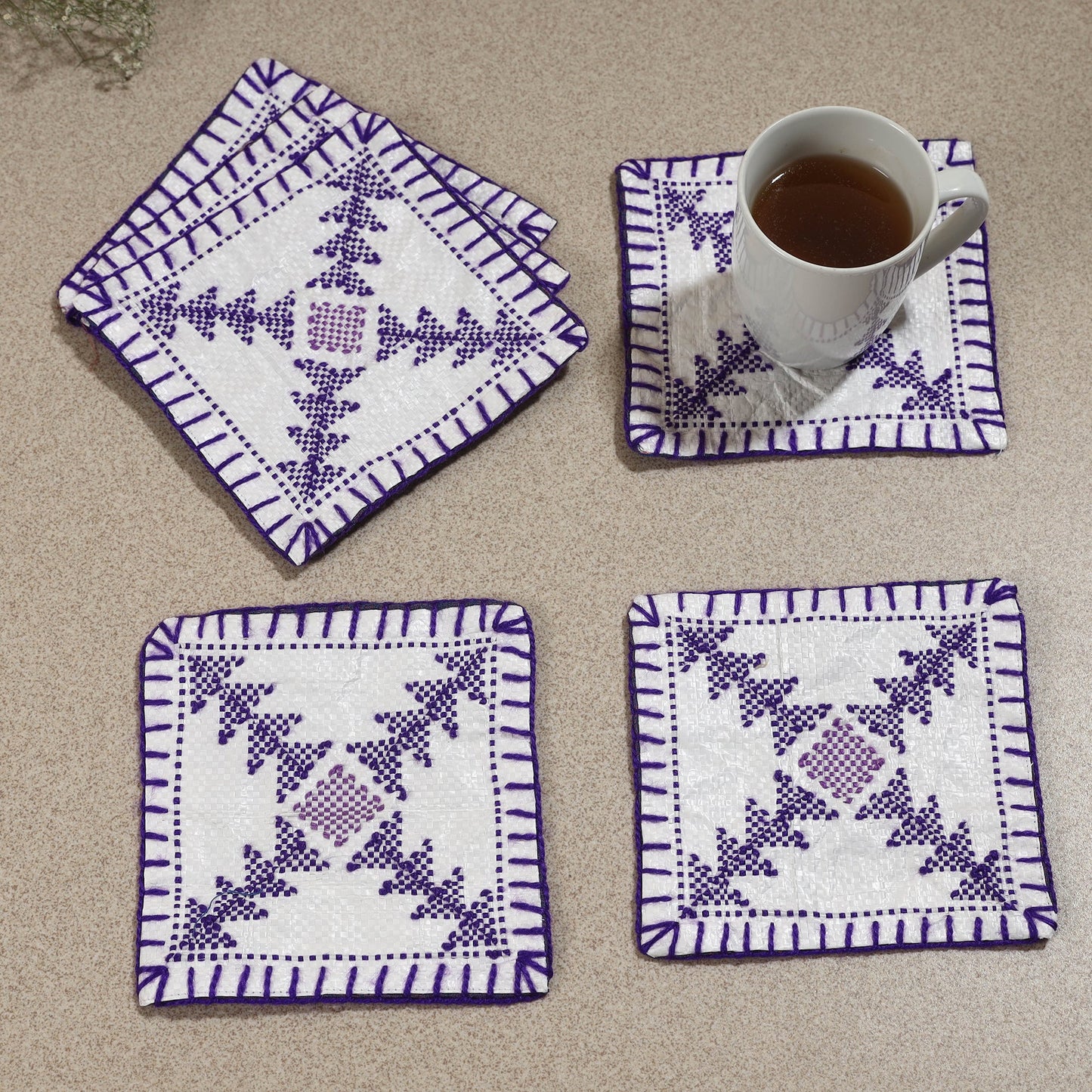  Taat Wool Thread Hand Embroidered Upcycled Coasters 