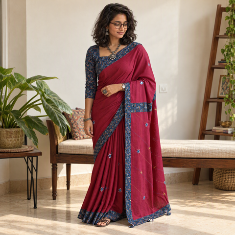 Maroon Tagai & Mirror Embroidered Ajrakh Patchwork Pure Mul Cotton Saree with Blouse Piece, draped and worn by a woman, AI visual of the saree, iTokri