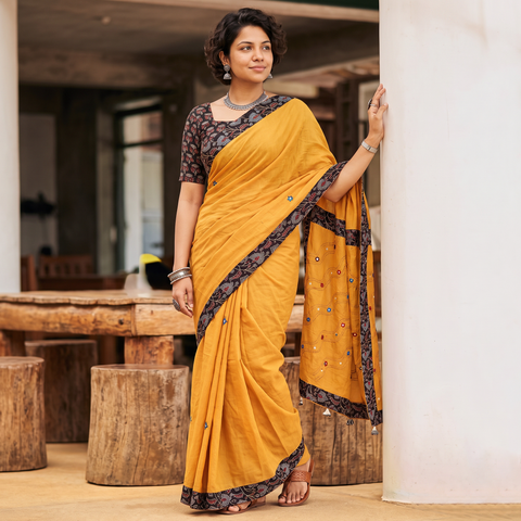 Yellow Tagai & Mirror Embroidered Ajrakh Patchwork Pure Mul Cotton Saree with Blouse Piece, draped and worn by a woman, AI visual of the saree, iTokri