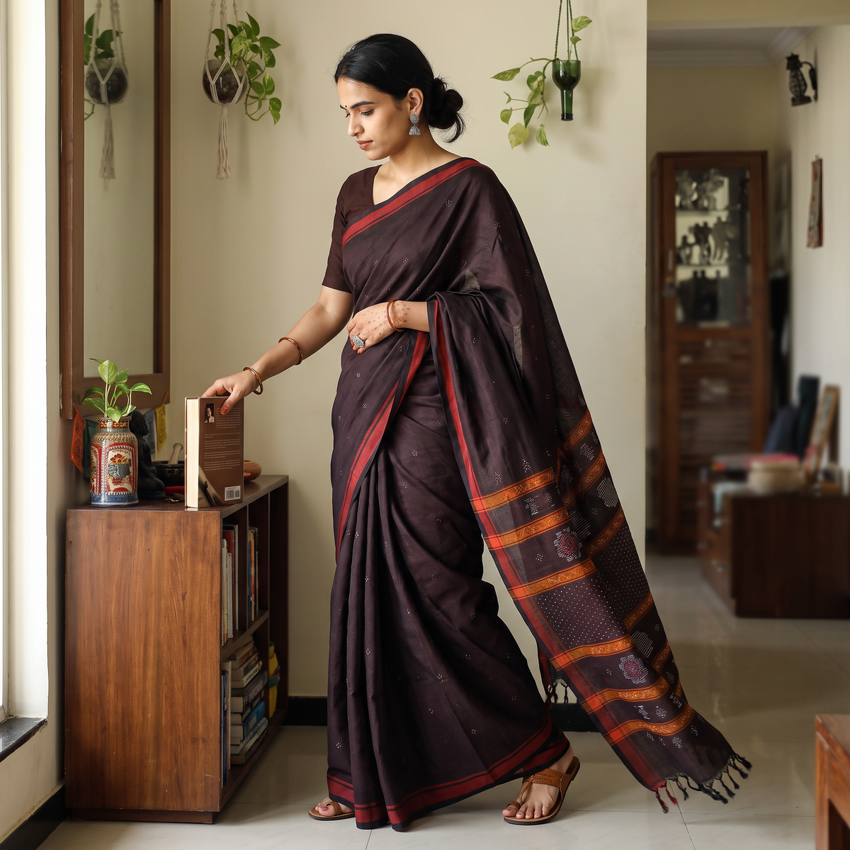 Brown Tangaliya Weaving Handloom Cotton Saree with Tassels, draped and worn by a woman, AI visual of the saree, iTokri