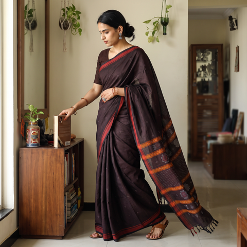 Brown Tangaliya Weaving Handloom Cotton Saree with Tassels, draped and worn by a woman, AI visual of the saree, iTokri