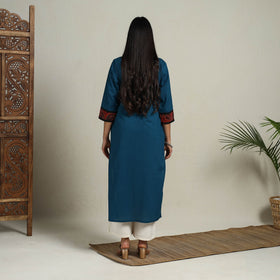Block Print Mosaic Fusion Straight Teal Blue Plain Cotton Kurta