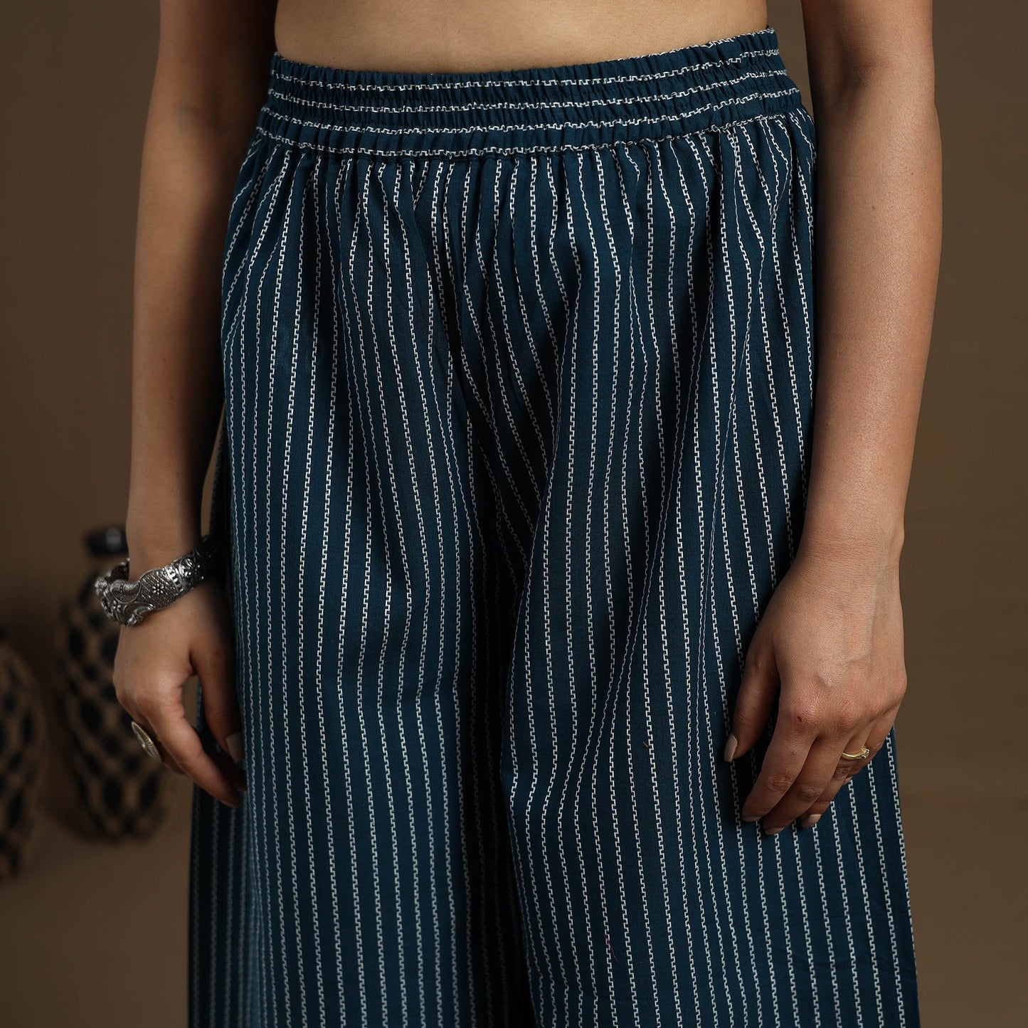 Buy Cotton Teal Blue Flared Jacquard Palazzo