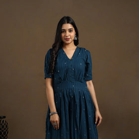 Buy Teal Blue Flared Cotton Jacquard Kurta for Women