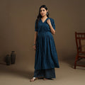 Buy Teal Blue Flared Cotton Jacquard Kurta for Women