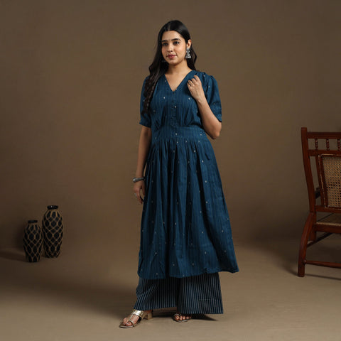 Buy Teal Blue Flared Cotton Jacquard Kurta for Women