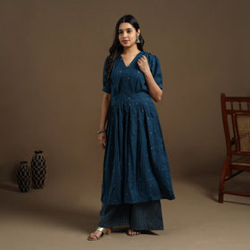 Buy Teal Blue Flared Cotton Jacquard Kurta for Women