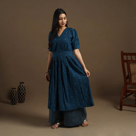 Buy Teal Blue Flared Cotton Jacquard Kurta for Women