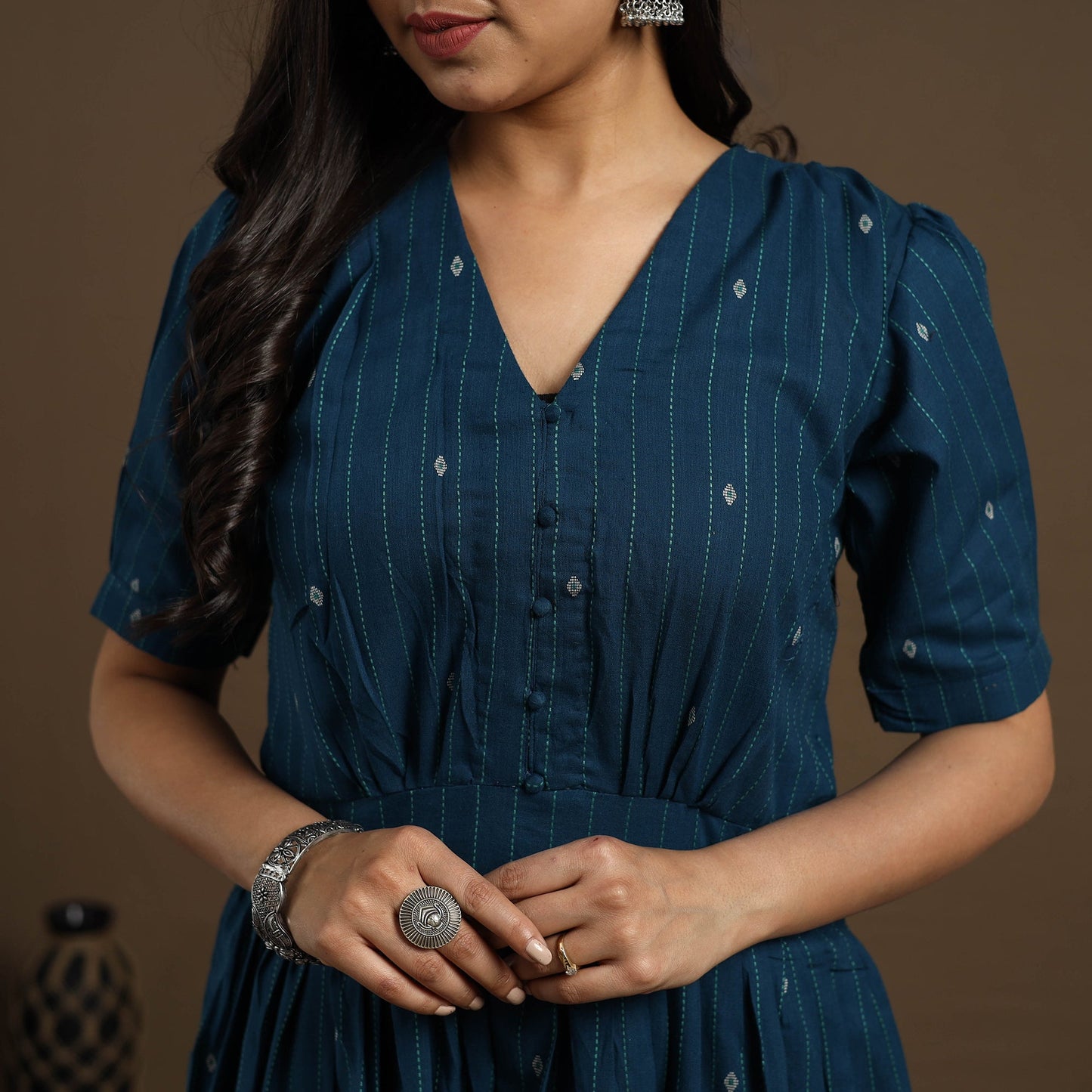 Flared Cotton Teal Blue Jacquard Kurta with Palazzo Set