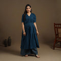 Flared Cotton Teal Blue Jacquard Kurta with Palazzo Set