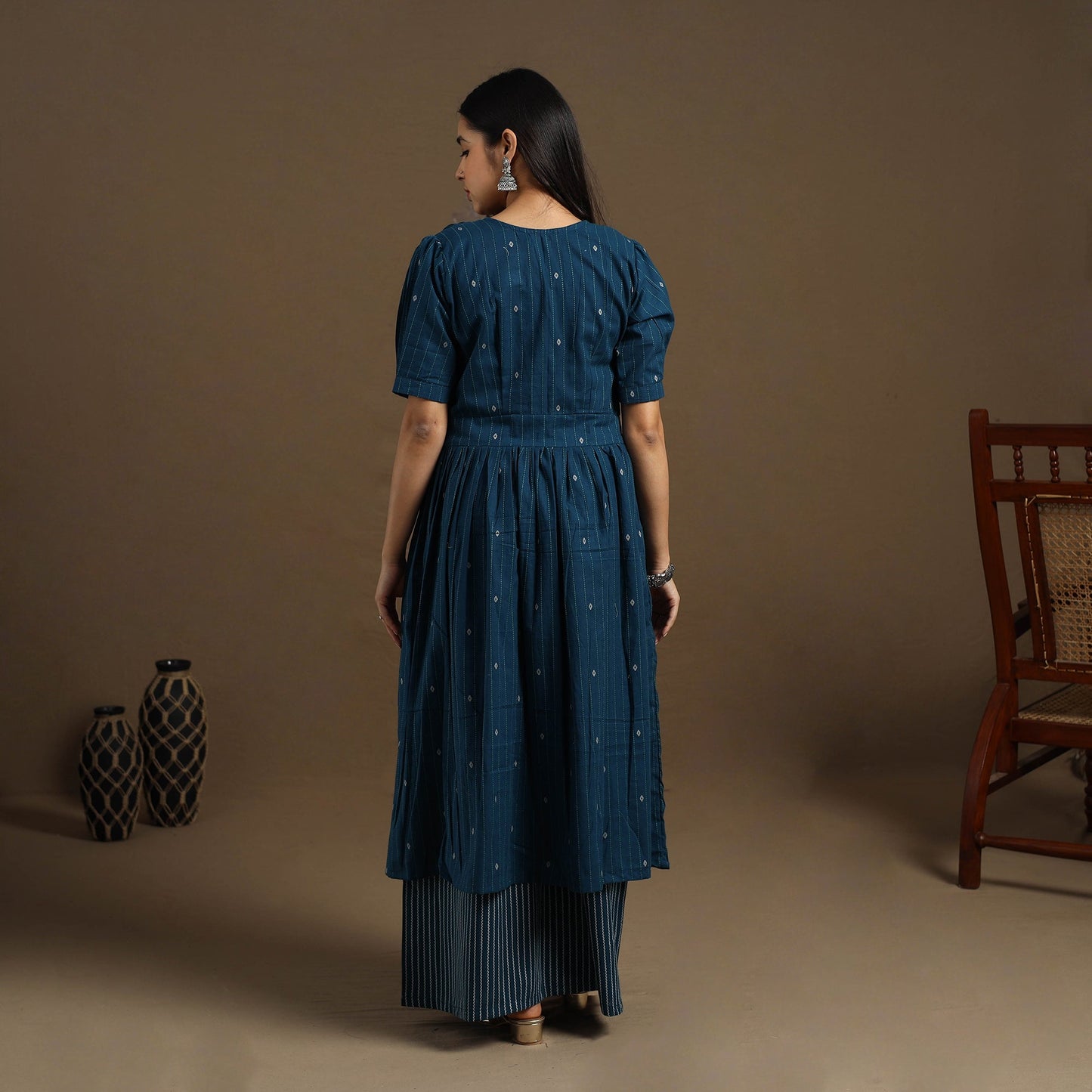 Flared Cotton Teal Blue Jacquard Kurta with Palazzo Set