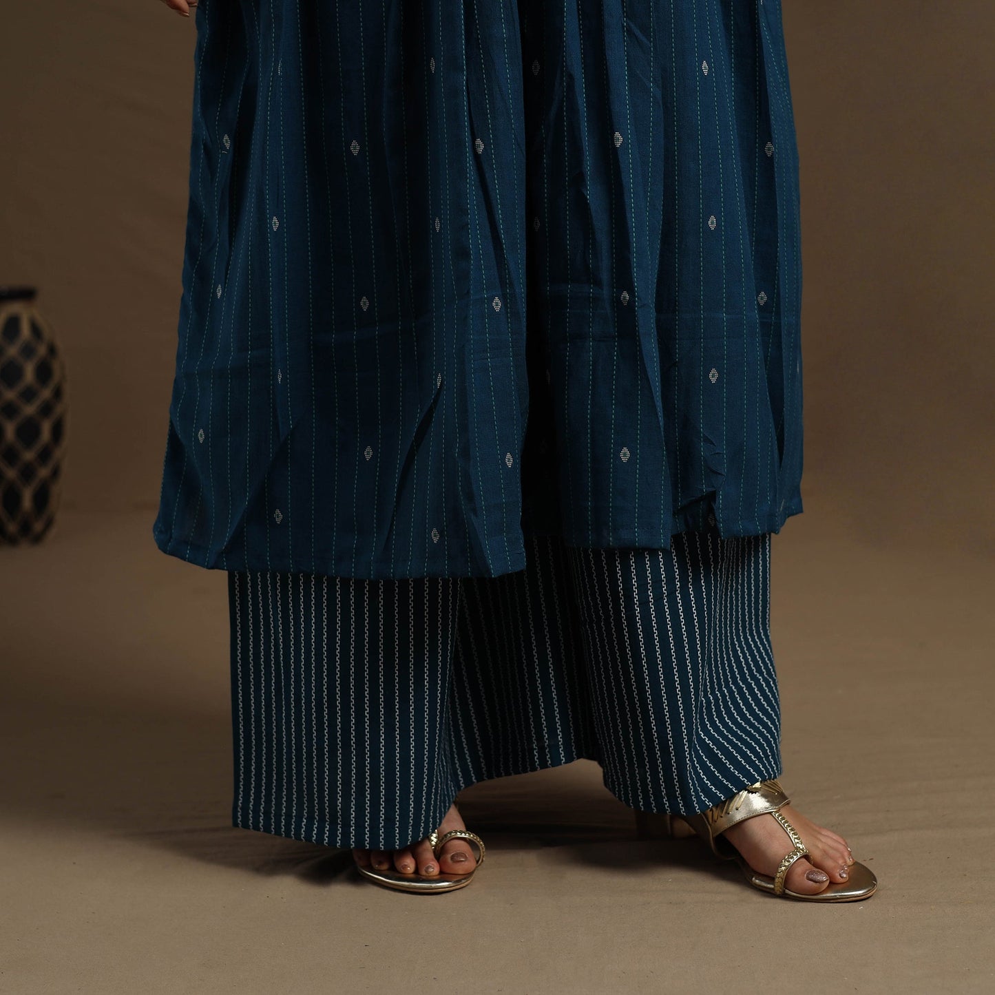 Flared Cotton Teal Blue Jacquard Kurta with Palazzo Set