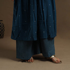 Flared Cotton Teal Blue Jacquard Kurta with Palazzo Set