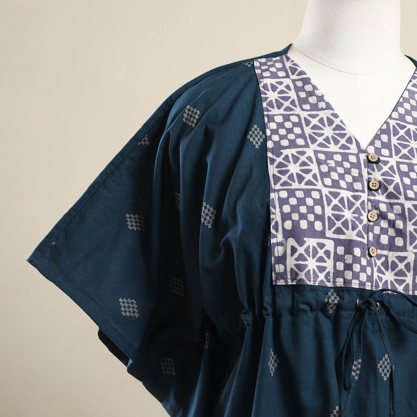 Buy Teal Blue Jacquard Mosaic Fusion Cotton Kaftan