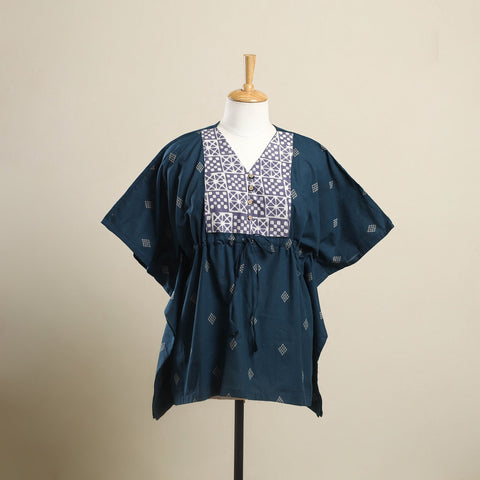 Buy Teal Blue Jacquard Mosaic Fusion Cotton Kaftan