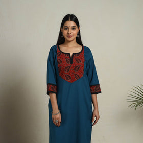 Block Print Mosaic Fusion Straight Teal Blue Plain Cotton Kurta