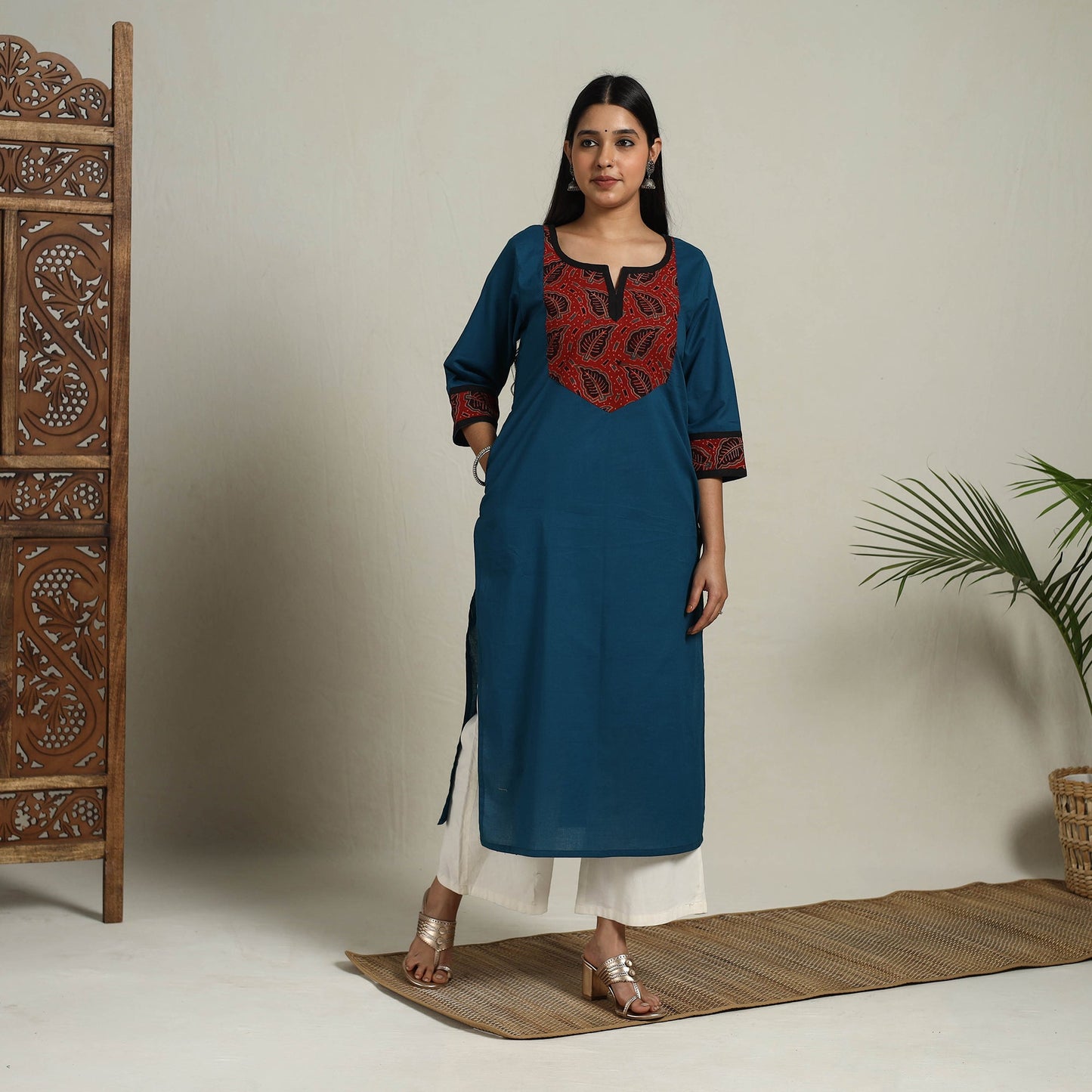 Block Print Mosaic Fusion Straight Teal Blue Plain Cotton Kurta