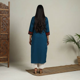 Block Print Mosaic Fusion Straight Teal Blue Plain Cotton Kurta