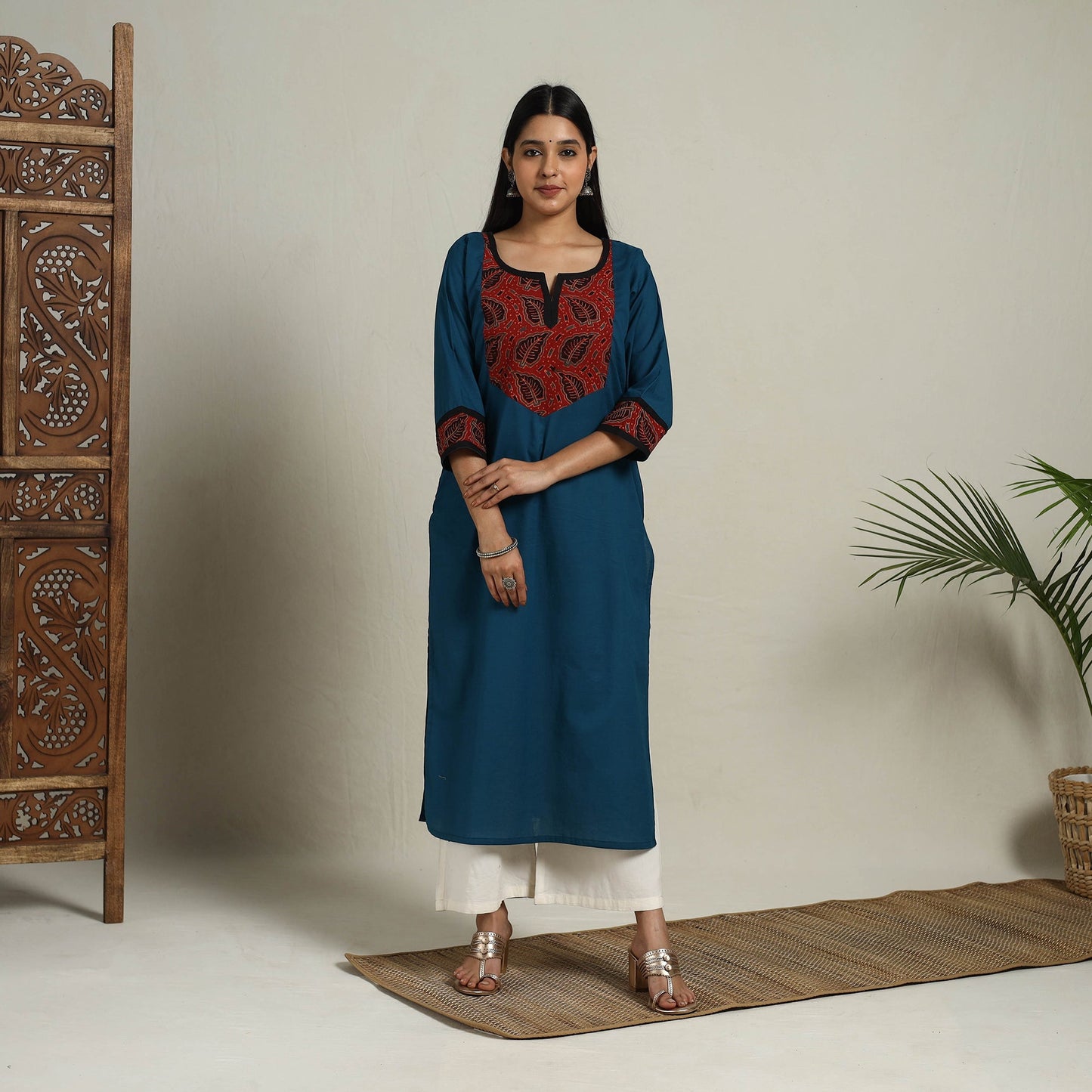 Block Print Mosaic Fusion Straight Teal Blue Plain Cotton Kurta