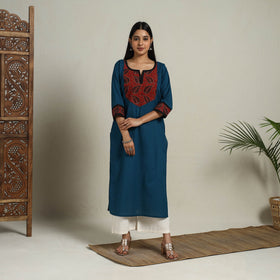 Block Print Mosaic Fusion Straight Teal Blue Plain Cotton Kurta