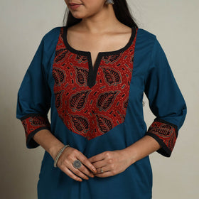 Block Print Mosaic Fusion Straight Teal Blue Plain Cotton Kurta