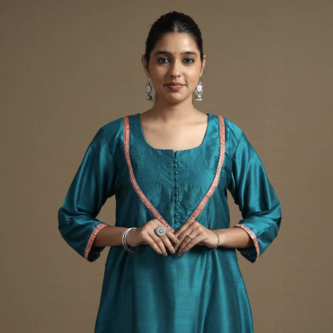  Plain Solid Slub Silk Kurta with Beadwork Hand Embroidery Lace 