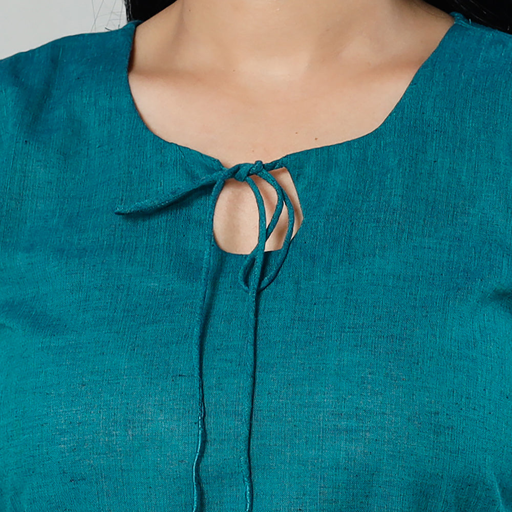 Teal green dharwad cotton long kurta - handcrafted