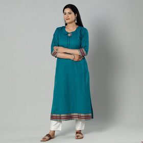 Teal green dharwad cotton long kurta - handcrafted