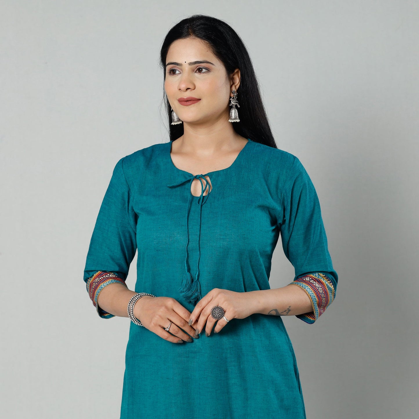 Teal green dharwad cotton long kurta - handcrafted