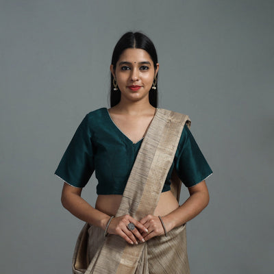 Teal Green Gota Patti Slub Silk Plain Blouse Online