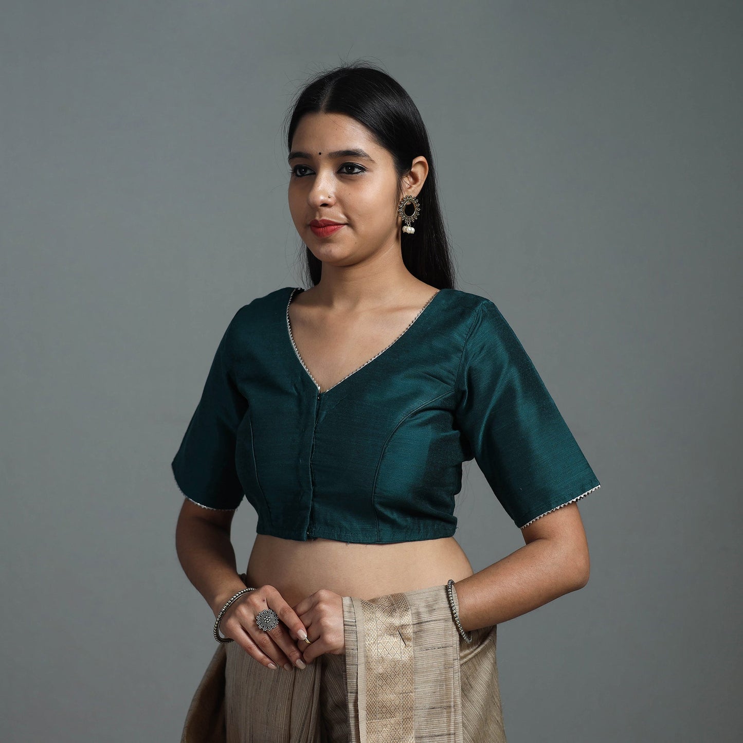 Teal Green Gota Patti Slub Silk Plain Blouse Online