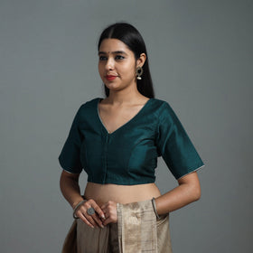 Teal Green Gota Patti Slub Silk Plain Blouse Online