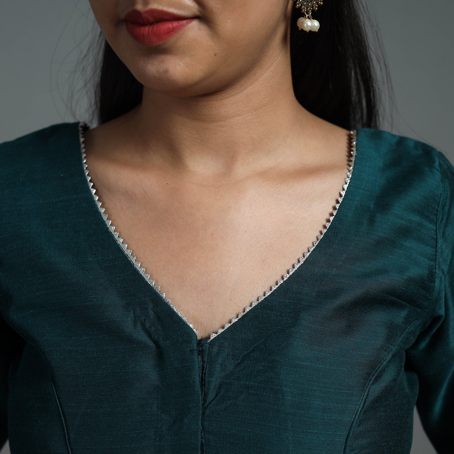 Teal Green Gota Patti Slub Silk Plain Blouse Online