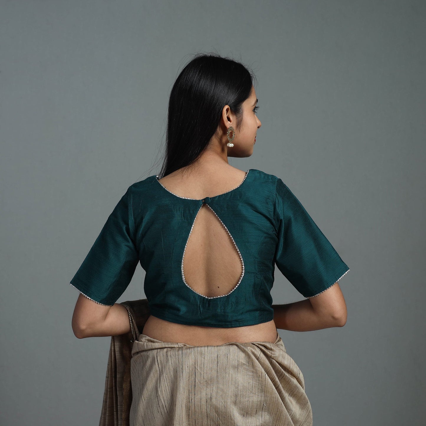 Teal Green Gota Patti Slub Silk Plain Blouse Online