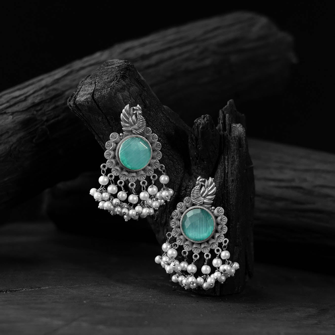 Teal green - saanjh bela mayura oxidised earrings
