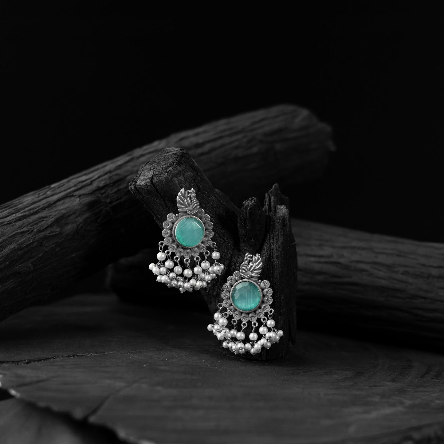 Teal green - saanjh bela mayura oxidised earrings
