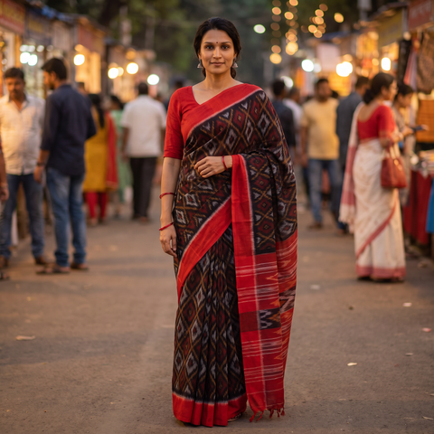 Black Telia Rumal Handloom Cotton Pochampally Double Ikat Saree, draped and worn by a woman, AI visual of the saree, iTokri
