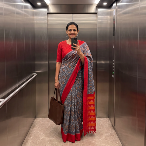 Blue Telia Rumal Handloom Cotton Pochampally Double Ikat Saree, draped and worn by a woman, AI visual of the saree, iTokri