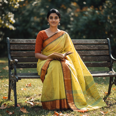 Yellow Thread Buti Cotton Kanchipuram Saree with Border, draped and worn by a woman, AI visual of the saree, iTokri