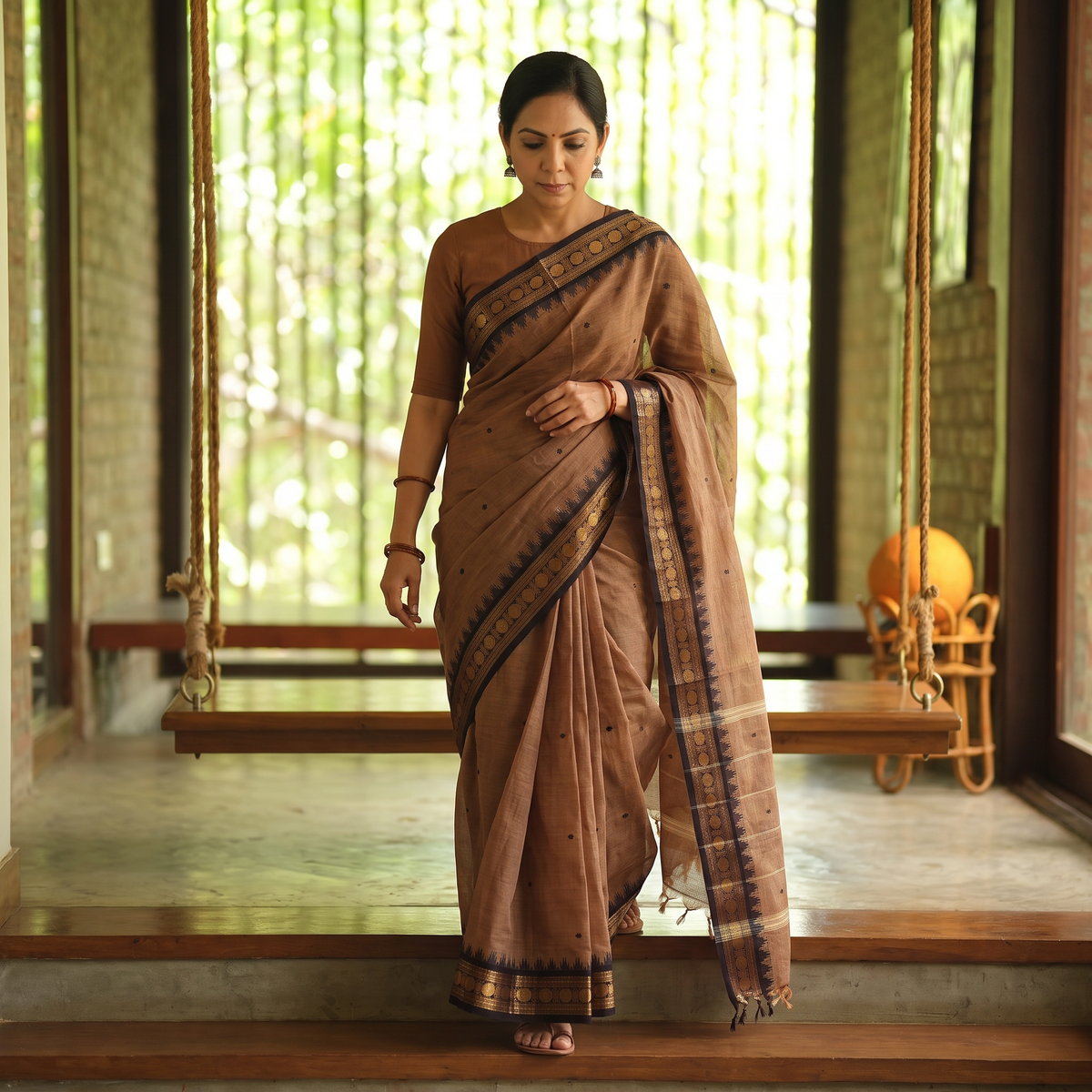 Brown Thread Buti Cotton Kanchipuram Saree with Border, draped and worn by a woman, AI visual of the saree, iTokri