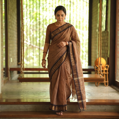 Brown Thread Buti Cotton Kanchipuram Saree with Border, draped and worn by a woman, AI visual of the saree, iTokri