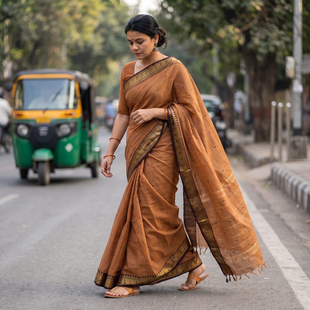 Brown Thread Buti Cotton Kanchipuram Saree with Border, draped and worn by a woman, AI visual of the saree, iTokri