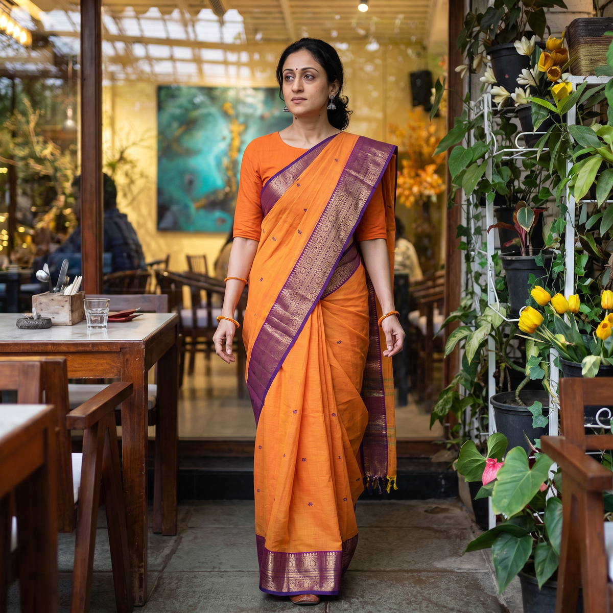 Orange Thread Buti Cotton Kanchipuram Saree with Border, draped and worn by a woman, AI visual of the saree, iTokri