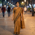 Brown Thread Buti Cotton Kanchipuram Saree with Border, draped and worn by a woman, AI visual of the saree, iTokri