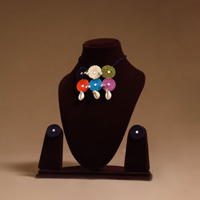 Thread ghungroo & mirror work necklace set 02 - handcrafted