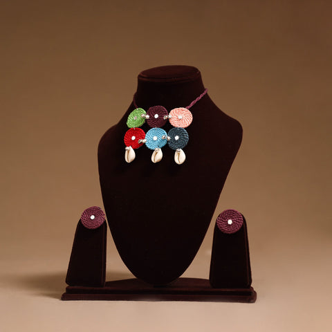 Thread ghungroo & mirror work necklace set 06 - handcrafted