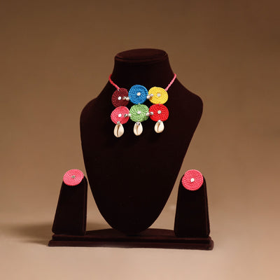 Thread ghungroo & mirror work necklace set 10 - handcrafted